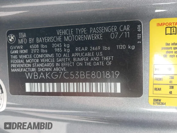 ✅ 2011 BMW 3 Series 335i • VIN: WBAKG7C53BE801819 • Lot: 43295060. Listed on IAAI with 112,306 mi. Free auction sales archive from the USA and detailed vehicle history report at DreamBid. Image 9.