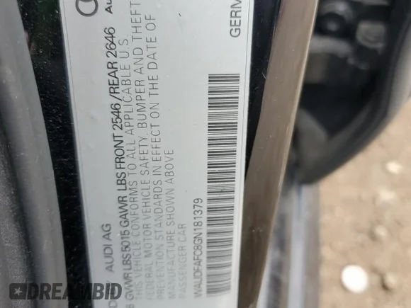✅ 2016 Audi A6 Premium Plus • VIN: WAUDFAFC8GN181379 • Lot: 50558124. Listed on Copart with 65,608 mi. Free auction sales archive from the USA and detailed vehicle history report at DreamBid. Image 12.