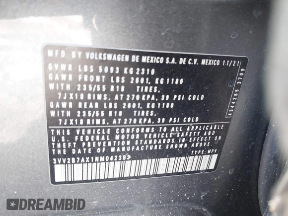 ✅ 2022 Volkswagen Tiguan SE • VIN: 3VV2B7AX1NM042383 • Lot: 44339708. Wystawiony na IAAI z przebiegiem 50 111 mil. Bezpłatny archiwum sprzedaży aukcyjnych z USA i szczegółowy raport historii pojazdu na DreamBid. Zdjęcie 9.