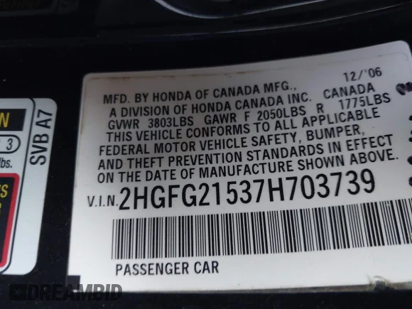 ✅ 2007 Honda Civic Si • VIN: 2HGFG21537H703739 • Lot: 41884316. Wystawiony na IAAI z przebiegiem 116 762 mil. Bezpłatny archiwum sprzedaży aukcyjnych z USA i szczegółowy raport historii pojazdu na DreamBid. Zdjęcie 9.