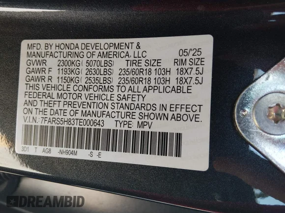 ✅ 2026 Honda CR-V Sport-L • VIN: 7FARS5H83TE000643 • Лот: 45135855. Опубликован ранее на IAAI с пробегом 45 628 миль. Бесплатный доступ к архиву аукционных продаж из США и подробный отчёт об истории автомобиля на DreamBid. Изображение 9.