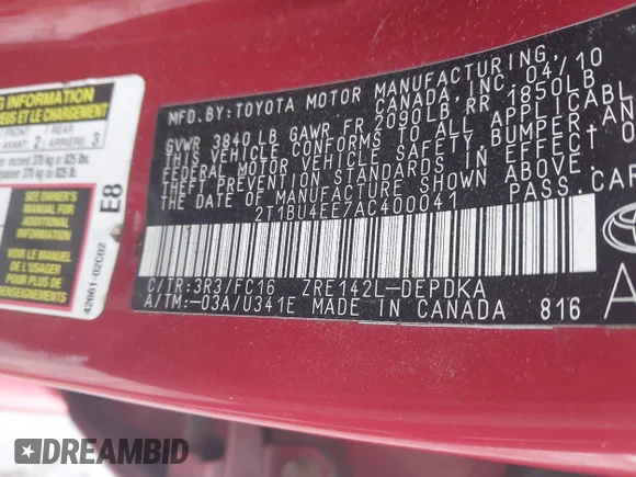 ✅ 2010 Toyota Corolla LE • VIN: 2T1BU4EE7AC400041 • Lot: 44099848. Listed on IAAI with 244,562 mi. Free auction sales archive from the USA and detailed vehicle history report at DreamBid. Image 9.