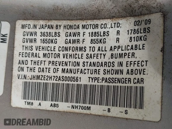 ✅ 2010 Honda Insight EX • VIN: JHMZE2H72AS000561 • Lot: 42987855. Wystawiony na IAAI z przebiegiem 235 473 mil. Bezpłatny archiwum sprzedaży aukcyjnych z USA i szczegółowy raport historii pojazdu na DreamBid. Zdjęcie 9.