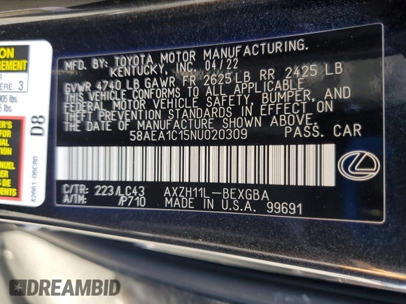 ✅ 2022 Lexus ES 300h Luxury • VIN: 58AEA1C15NU020309 • Lot: 75836885. Wystawiony na Copart z przebiegiem 144 547 mil. Bezpłatny archiwum sprzedaży aukcyjnych z USA i szczegółowy raport historii pojazdu na DreamBid. Zdjęcie 13.