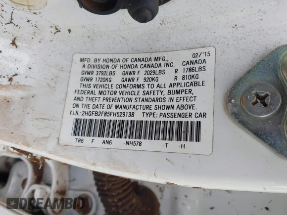 ✅ 2015 Honda Civic EX • VIN: 2HGFB2F85FH529138 • Lot: 44625314. Listed on IAAI with Not provided. Free auction sales archive from the USA and detailed vehicle history report at DreamBid. Image 9.