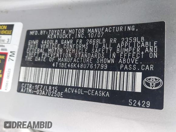 ✅ 2008 Toyota Camry LE • VIN: 4T1BE46K48U761799 • Lot: 45148037. Wystawiony na IAAI z przebiegiem 191 593 mil. Bezpłatny archiwum sprzedaży aukcyjnych z USA i szczegółowy raport historii pojazdu na DreamBid. Zdjęcie 9.