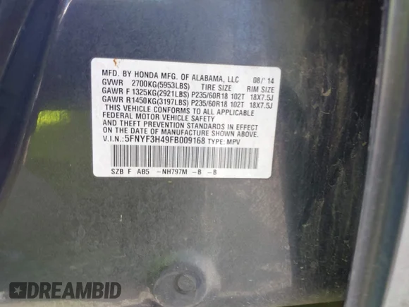 ✅ 2015 Honda Pilot EX • VIN: 5FNYF3H49FB009168 • Lot: 45311220. Listed on IAAI with 291,678 mi. Free auction sales archive from the USA and detailed vehicle history report at DreamBid. Image 9.