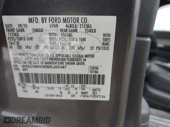 ✅ 2011 Mercury Mariner Premier • VIN: 4M2CN9HG5BKJ05347 • Lot: 44365237. Wystawiony na IAAI z przebiegiem Nie podano. Bezpłatny archiwum sprzedaży aukcyjnych z USA i szczegółowy raport historii pojazdu na DreamBid. Zdjęcie 9.