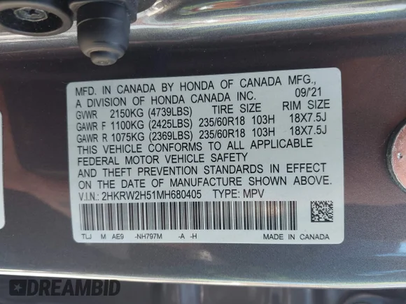 ✅ 2021 Honda CR-V EX • VIN: 2HKRW2H51MH680405 • Lot: 44781620. Wystawiony na IAAI z przebiegiem 52 976 mil. Bezpłatny archiwum sprzedaży aukcyjnych z USA i szczegółowy raport historii pojazdu na DreamBid. Zdjęcie 9.