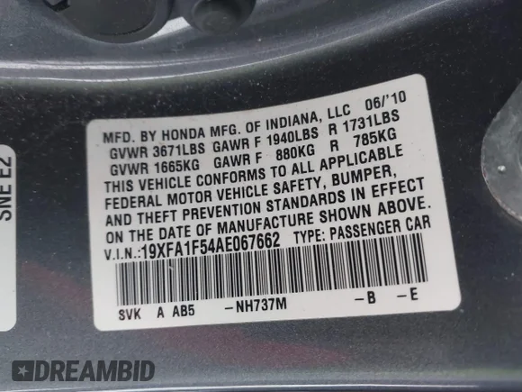 ✅ 2010 Honda Civic LX • VIN: 19XFA1F54AE067662 • Lot: 44063940. Listed on IAAI with 192,479 mi. Free auction sales archive from the USA and detailed vehicle history report at DreamBid. Image 9.