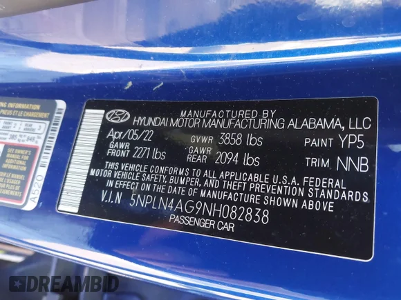 ✅ 2022 Hyundai Elantra SEL • VIN: 5NPLN4AG9NH082838 • Lot: 44487730. Wystawiony na IAAI z przebiegiem 52 637 mil. Bezpłatny archiwum sprzedaży aukcyjnych z USA i szczegółowy raport historii pojazdu na DreamBid. Zdjęcie 9.