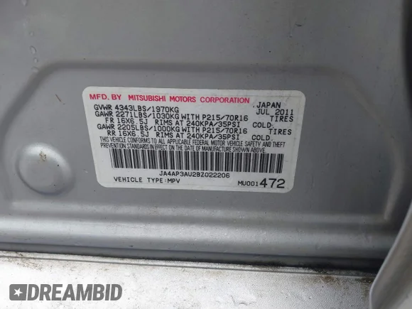 ✅ 2011 Mitsubishi Outlander ES • VIN: JA4AP3AU2BZ022206 • Lot: 43934065. Listed on IAAI with 108,508 mi. Free auction sales archive from the USA and detailed vehicle history report at DreamBid. Image 9.