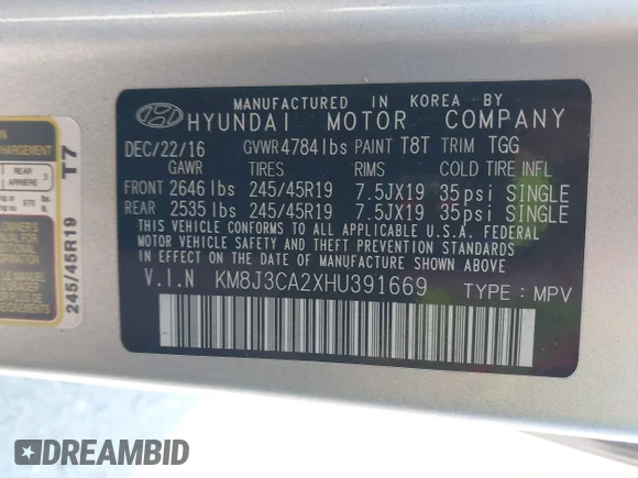 ✅ 2017 Hyundai Tucson Eco • VIN: KM8J3CA2XHU391669 • Lot: 42147652. Wystawiony na IAAI z przebiegiem 104 973 mil. Bezpłatny archiwum sprzedaży aukcyjnych z USA i szczegółowy raport historii pojazdu na DreamBid. Zdjęcie 9.