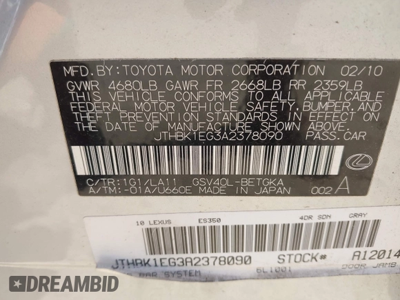✅ 2010 Lexus ES 330 • VIN: JTHBK1EG3A2378090 • Lot: 44837274. Wystawiony na IAAI z przebiegiem 125 350 mil. Bezpłatny archiwum sprzedaży aukcyjnych z USA i szczegółowy raport historii pojazdu na DreamBid. Zdjęcie 9.
