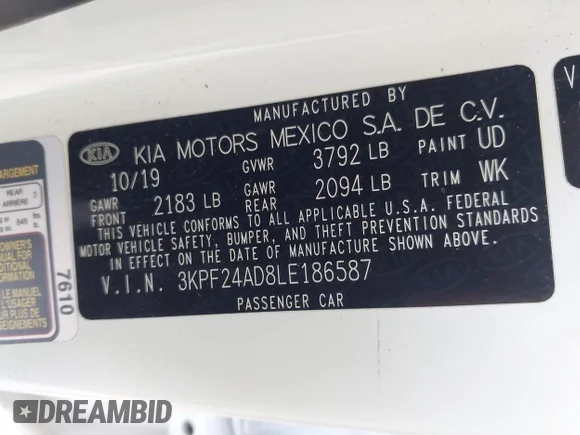 ✅ 2020 Kia Forte LXS • VIN: 3KPF24AD8LE186587 • Lot: 42341918. Listed on IAAI with 86,961 mi. Free auction sales archive from the USA and detailed vehicle history report at DreamBid. Image 9.