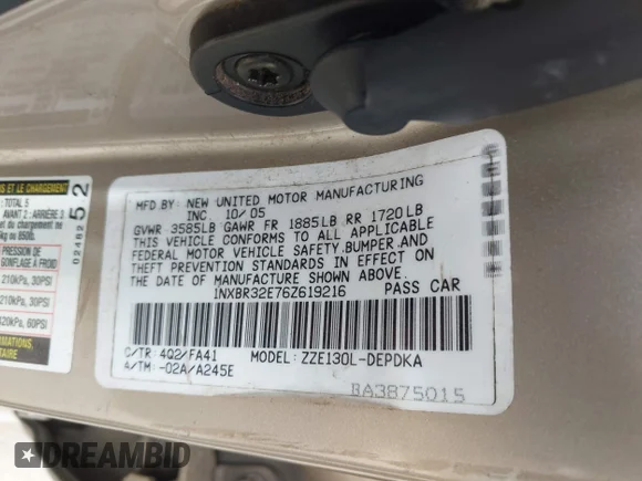 ✅ 2006 Toyota Corolla S • VIN: 1NXBR32E76Z619216 • Lot: 44539491. Wystawiony na IAAI z przebiegiem 129 643 mil. Bezpłatny archiwum sprzedaży aukcyjnych z USA i szczegółowy raport historii pojazdu na DreamBid. Zdjęcie 9.