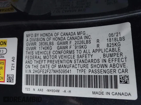 ✅ 2022 Honda Civic LX • VIN: 2HGFE2F27NH509541 • Lot: 44114506. Wystawiony na IAAI z przebiegiem 42 277 mil. Bezpłatny archiwum sprzedaży aukcyjnych z USA i szczegółowy raport historii pojazdu na DreamBid. Zdjęcie 9.