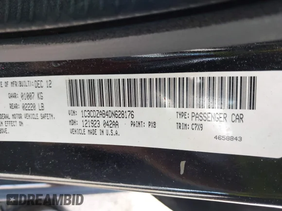 ✅ 2013 Dodge Avenger SE • VIN: 1C3CDZAB4DN628176 • Lot: 42688230. Listed on IAAI with 194,246 mi. Free auction sales archive from the USA and detailed vehicle history report at DreamBid. Image 9.