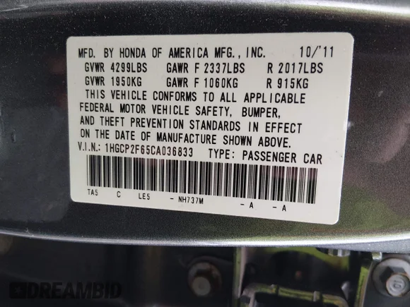✅ 2012 Honda Accord SE • VIN: 1HGCP2F65CA036833 • Lot: 44984380. Listed on IAAI with 167,954 mi. Free auction sales archive from the USA and detailed vehicle history report at DreamBid. Image 9.