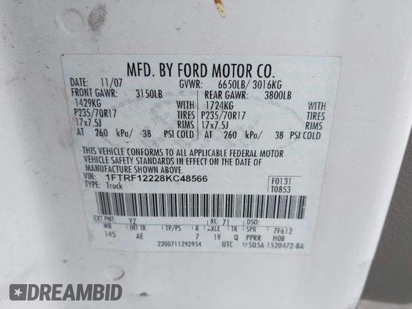 ✅ 2008 Ford F-150 XL • VIN: 1FTRF12228KC48566 • Lot: 45293589. Wystawiony na IAAI z przebiegiem 300 329 mil. Bezpłatny archiwum sprzedaży aukcyjnych z USA i szczegółowy raport historii pojazdu na DreamBid. Zdjęcie 9.