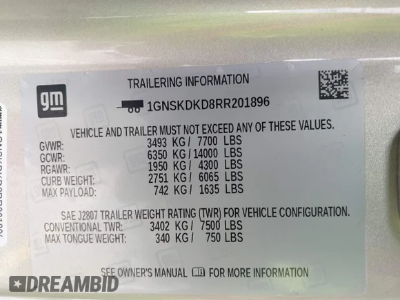 ✅ 2024 Chevrolet Suburban Z71 • VIN: 1GNSKDKD8RR201896 • Лот: 43399762. Опубліковано раніше на IAAI з пробігом 25 102 миль. Безкоштовний доступ до архіву аукціонних продажів зі США та докладний звіт про історію автомобіля на DreamBid. Зображення 9.