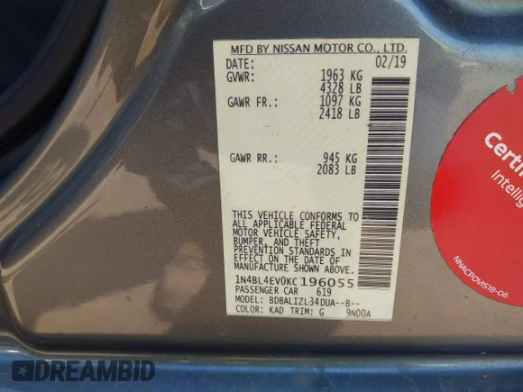 ✅ 2019 Nissan Altima SL • VIN: 1N4BL4EV0KC196055 • Lot: 44872677. Wystawiony na IAAI z przebiegiem 157 272 mil. Bezpłatny archiwum sprzedaży aukcyjnych z USA i szczegółowy raport historii pojazdu na DreamBid. Zdjęcie 9.