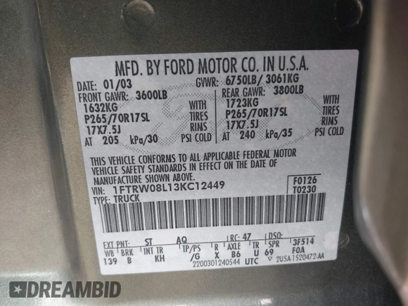 ✅ 2003 Ford F-150 XLT • VIN: 1FTRW08L13KC12449 • Lot: 43235825. Wystawiony na IAAI z przebiegiem 168 112 mil. Bezpłatny archiwum sprzedaży aukcyjnych z USA i szczegółowy raport historii pojazdu na DreamBid. Zdjęcie 9.