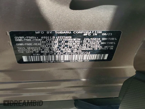 ✅ 2023 Subaru Forester Limited • VIN: JF2SKAPC4PH539694 • Lot: 58071576. Listed on Copart with 26,996 mi. Free auction sales archive from the USA and detailed vehicle history report at DreamBid. Image 13.