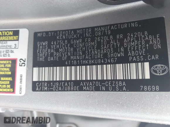 ✅ 2019 Toyota Camry LE • VIN: 4T1B11HK8KU843467 • Lot: 44121046. Wystawiony na IAAI z przebiegiem 132 304 mil. Bezpłatny archiwum sprzedaży aukcyjnych z USA i szczegółowy raport historii pojazdu na DreamBid. Zdjęcie 9.