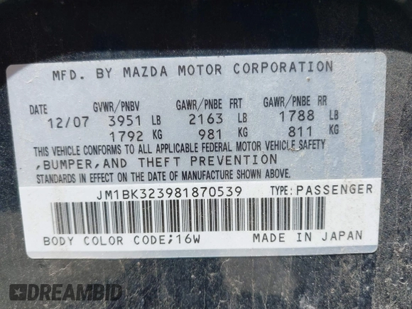 ✅ 2008 Mazda 3 S Grand Touring • VIN: JM1BK323981870539 • Lot: 42196506. Wystawiony na IAAI z przebiegiem 186 759 mil. Bezpłatny archiwum sprzedaży aukcyjnych z USA i szczegółowy raport historii pojazdu na DreamBid. Zdjęcie 9.