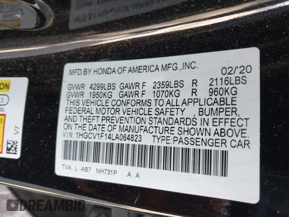 ✅ 2020 Honda Accord LX • VIN: 1HGCV1F14LA064823 • Lot: 43857603. Wystawiony na IAAI z przebiegiem Nie podano. Bezpłatny archiwum sprzedaży aukcyjnych z USA i szczegółowy raport historii pojazdu na DreamBid. Zdjęcie 9.