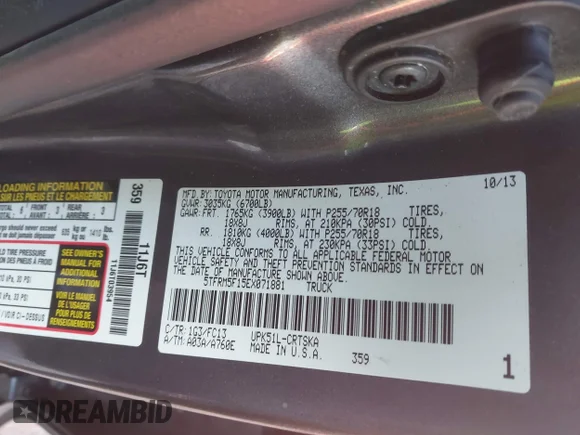 ✅ 2014 Toyota Tundra SR5 • VIN: 5TFRM5F15EX071881 • Lot: 44409518. Wystawiony na IAAI z przebiegiem Nie podano. Bezpłatny archiwum sprzedaży aukcyjnych z USA i szczegółowy raport historii pojazdu na DreamBid. Zdjęcie 9.