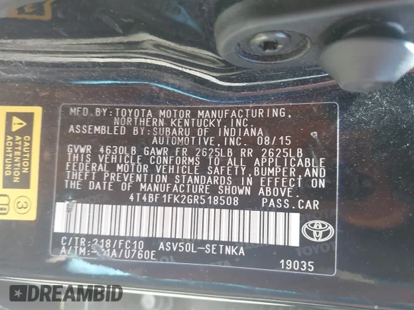 ✅ 2016 Toyota Camry LE • VIN: 4T4BF1FK2GR518508 • Lot: 44816740. Wystawiony na IAAI z przebiegiem 156 332 mil. Bezpłatny archiwum sprzedaży aukcyjnych z USA i szczegółowy raport historii pojazdu na DreamBid. Zdjęcie 9.