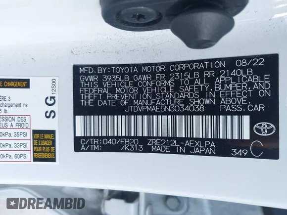 ✅ 2022 Toyota Corolla LE • VIN: JTDVPMAE5N3034038 • Lot: 43818279. Wystawiony na IAAI z przebiegiem 59 315 mil. Bezpłatny archiwum sprzedaży aukcyjnych z USA i szczegółowy raport historii pojazdu na DreamBid. Zdjęcie 9.