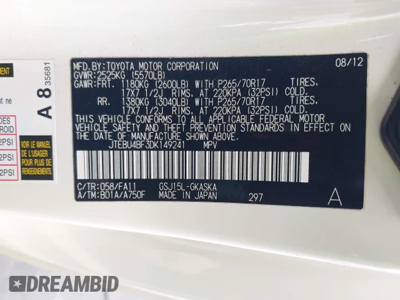 ✅ 2013 Toyota FJ Cruiser • VIN: JTEBU4BF3DK149241 • Lot: 43155949. Wystawiony na IAAI z przebiegiem 157 677 mil. Bezpłatny archiwum sprzedaży aukcyjnych z USA i szczegółowy raport historii pojazdu na DreamBid. Zdjęcie 9.