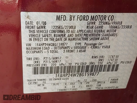 ✅ 2008 Ford Taurus SEL • VIN: 1FAHP24W28G159877 • Lot: 43264056. Wystawiony na IAAI z przebiegiem 139 887 mil. Bezpłatny archiwum sprzedaży aukcyjnych z USA i szczegółowy raport historii pojazdu na DreamBid. Zdjęcie 9.