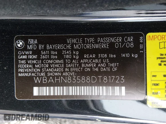 ✅ 2008 BMW 7 Series 750Li • VIN: WBAHN83588DT81723 • Lot: 44659910. Wystawiony na IAAI z przebiegiem Nie podano. Bezpłatny archiwum sprzedaży aukcyjnych z USA i szczegółowy raport historii pojazdu na DreamBid. Zdjęcie 9.