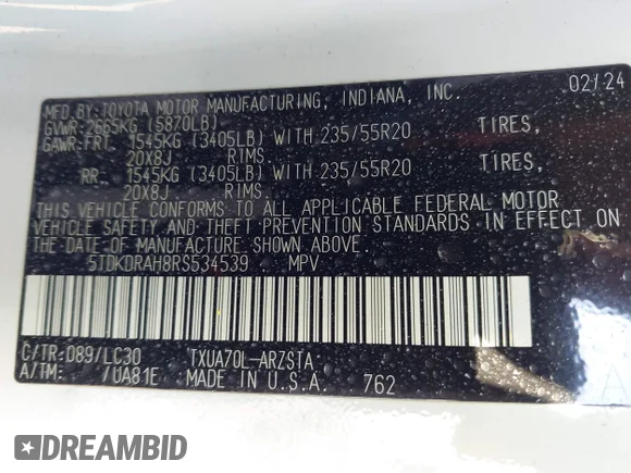 ✅ 2024 Toyota Highlander LE • VIN: 5TDKDRAH8RS534539 • Lot: 42902504. Wystawiony na IAAI z przebiegiem 28 445 mil. Bezpłatny archiwum sprzedaży aukcyjnych z USA i szczegółowy raport historii pojazdu na DreamBid. Zdjęcie 9.