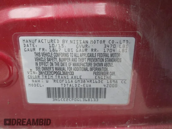 ✅ 2016 Nissan Note S • VIN: 3N1CE2CP0GL368133 • Lot: 42352441. Wystawiony na IAAI z przebiegiem 93 940 mil. Bezpłatny archiwum sprzedaży aukcyjnych z USA i szczegółowy raport historii pojazdu na DreamBid. Zdjęcie 9.