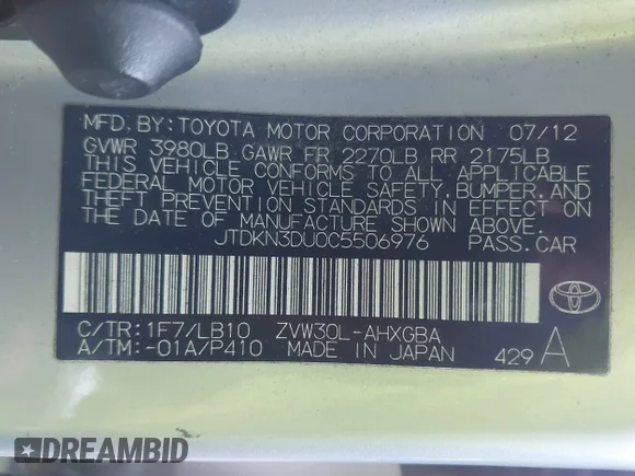✅ 2012 Toyota Prius Two • VIN: JTDKN3DU0C5506976 • Lot: 44057159. Wystawiony na IAAI z przebiegiem 175 646 mil. Bezpłatny archiwum sprzedaży aukcyjnych z USA i szczegółowy raport historii pojazdu na DreamBid. Zdjęcie 9.
