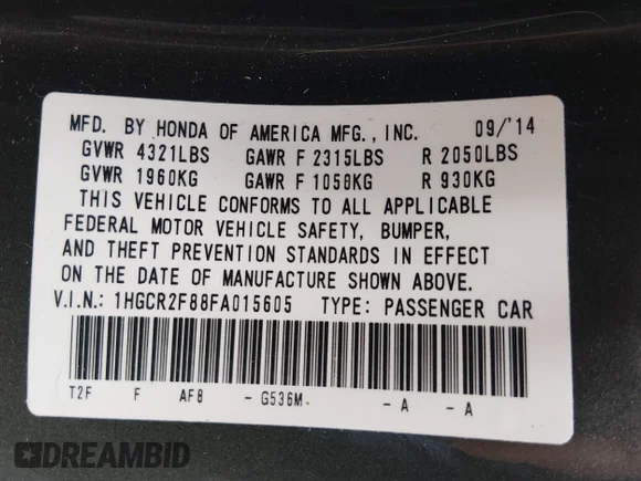 ✅ 2015 Honda Accord EX-L • VIN: 1HGCR2F88FA015605 • Lot: 44988422. Wystawiony na IAAI z przebiegiem 110 108 mil. Bezpłatny archiwum sprzedaży aukcyjnych z USA i szczegółowy raport historii pojazdu na DreamBid. Zdjęcie 9.