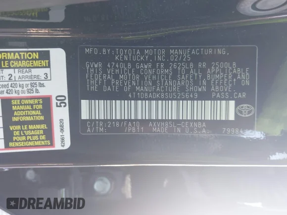 ✅ 2025 Toyota Camry SE • VIN: 4T1DBADK8SU525649 • Lot: 43683252. Wystawiony na IAAI z przebiegiem 21 431 mil. Bezpłatny archiwum sprzedaży aukcyjnych z USA i szczegółowy raport historii pojazdu na DreamBid. Zdjęcie 9.