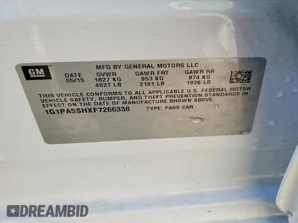 ✅ 2015 Chevrolet Cruze LS • VIN: 1G1PA5SHXF7266338 • Lot: 99071665. Listed on Copart with 88,572 mi. Free auction sales archive from the USA and detailed vehicle history report at DreamBid. Image 12.