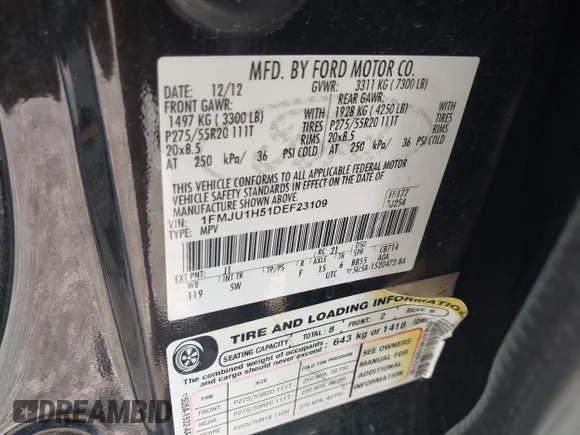 ✅ 2013 Ford Expedition XLT • VIN: 1FMJU1H51DEF23109 • Lot: 44650625. Listed on IAAI with 285,618 mi. Free auction sales archive from the USA and detailed vehicle history report at DreamBid. Image 9.