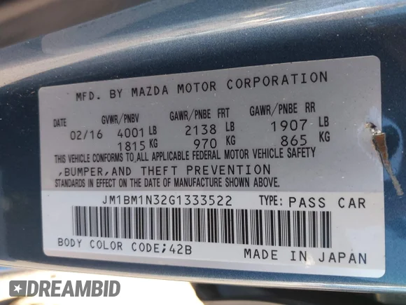 ✅ 2016 Mazda 3 S Grand Touring • VIN: JM1BM1N32G1333522 • Lot: 44027513. Listed on IAAI with 133,352 mi. Free auction sales archive from the USA and detailed vehicle history report at DreamBid. Image 9.
