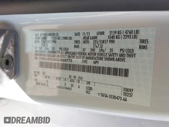 ✅ 2016 Ford Escape SE • VIN: 1FMCU9GX9GUB68775 • Lot: 45125185. Wystawiony na IAAI z przebiegiem 137 111 mil. Bezpłatny archiwum sprzedaży aukcyjnych z USA i szczegółowy raport historii pojazdu na DreamBid. Zdjęcie 9.