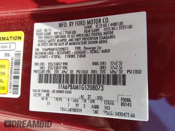 ✅ 2016 Ford Mustang V6 • VIN: 1FA6P8AM1G5208073 • Lot: 45458379. Listed on IAAI with 116,464 mi. Free auction sales archive from the USA and detailed vehicle history report at DreamBid. Image 9.