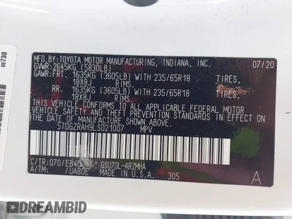 ✅ 2020 Toyota Highlander XLE • VIN: 5TDGZRAH9LS021007 • Lot: 45426129. Wystawiony na IAAI z przebiegiem 47 285 mil. Bezpłatny archiwum sprzedaży aukcyjnych z USA i szczegółowy raport historii pojazdu na DreamBid. Zdjęcie 9.