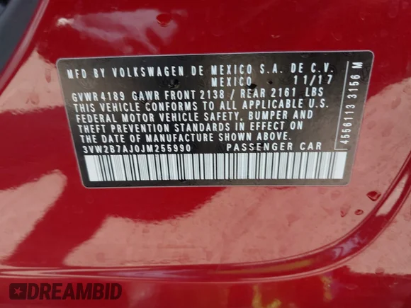✅ 2018 Volkswagen Jetta S • VIN: 3VW2B7AJ0JM255990 • Lot: 44426718. Wystawiony na IAAI z przebiegiem 131 153 mil. Bezpłatny archiwum sprzedaży aukcyjnych z USA i szczegółowy raport historii pojazdu na DreamBid. Zdjęcie 9.