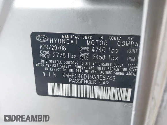 ✅ 2009 Hyundai Azera GLS • VIN: KMHFC46D19A358746 • Лот: 44932688. Опубліковано раніше на IAAI з пробігом 266 914 миль. Безкоштовний доступ до архіву аукціонних продажів зі США та докладний звіт про історію автомобіля на DreamBid. Зображення 9.